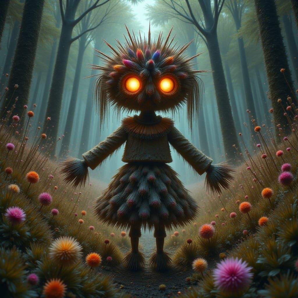 Whimsical atmosphere ▪ Enchanted forest setting ▪ Scarecrow figure with glowing eyes and a fabric head ▪ Playful composition ▪ Colorful, vib...