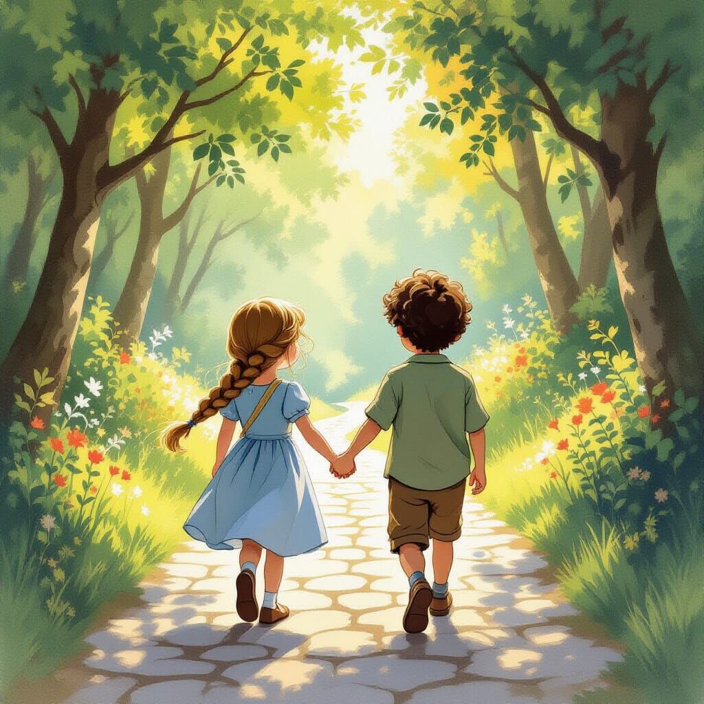 Children Holding Hands on Forest Path
