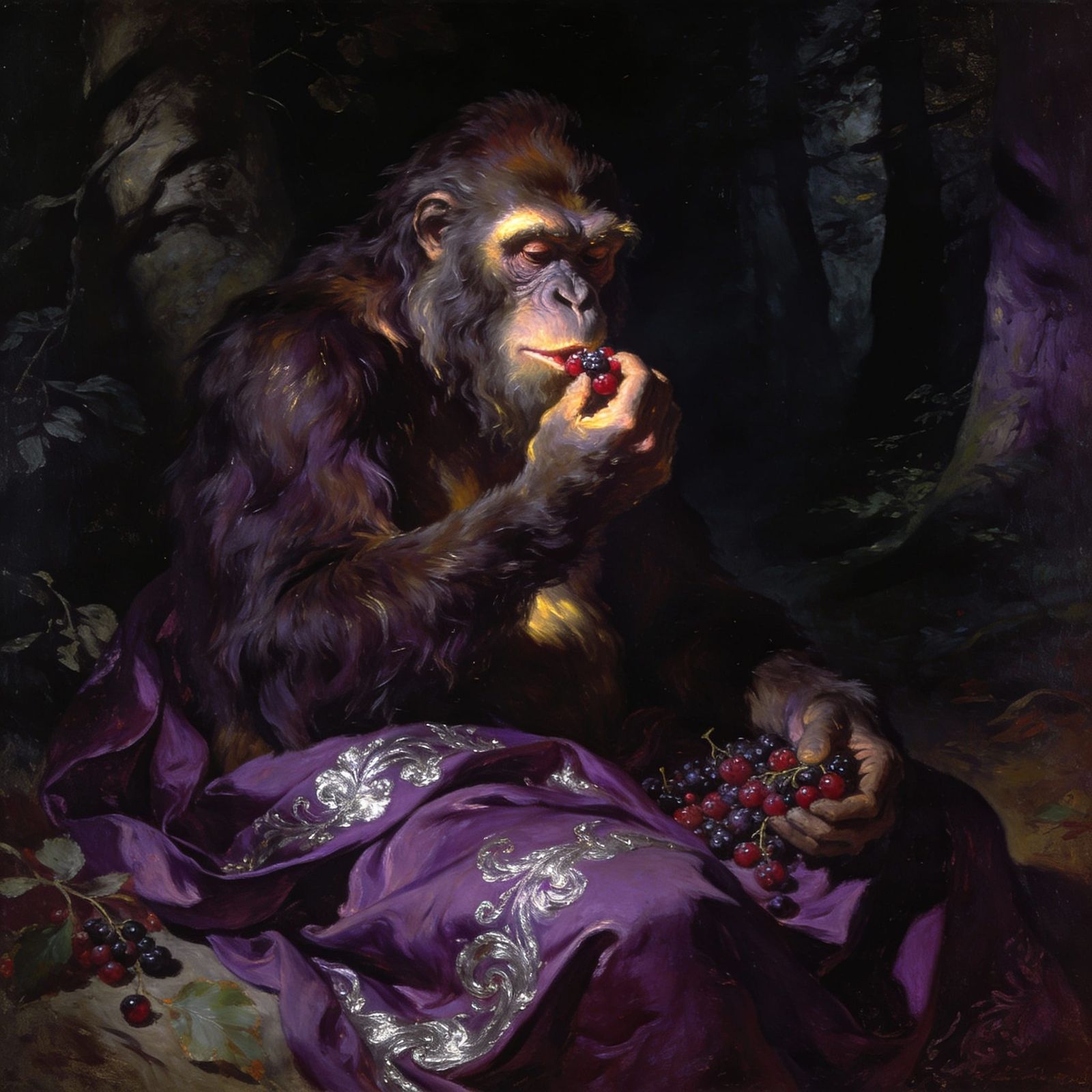 Baroque-style fine art painting of Sasquatch seated in a shadowed forest clearing, delicately eating ...  by @HairyKary