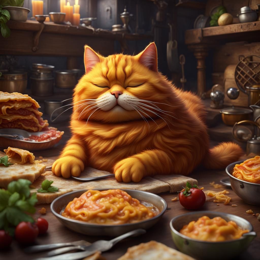 Cat fat  (Garfield) asleep snoring after eating too much las...
