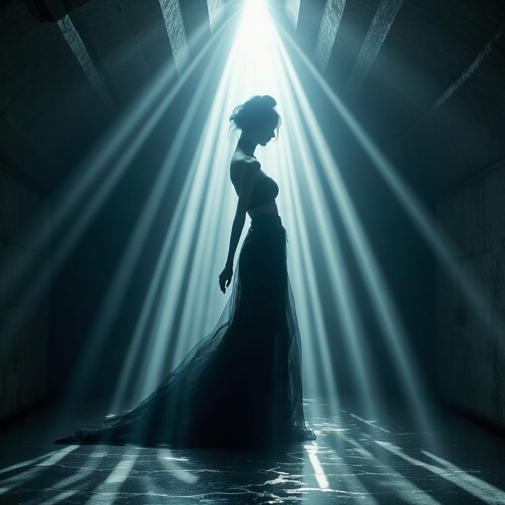 Surreal Fashion Photo: Puppet Model in Stark Light Beams