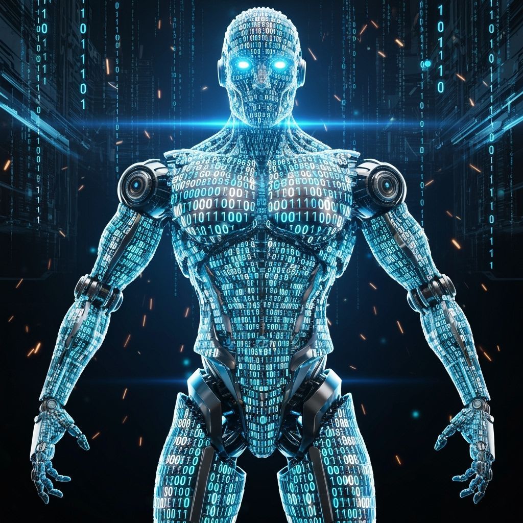 A powerful humanoid robot entirely constructed from glowing 0s and 1s, with every part of its body visibly ...  by @MoonlitAura