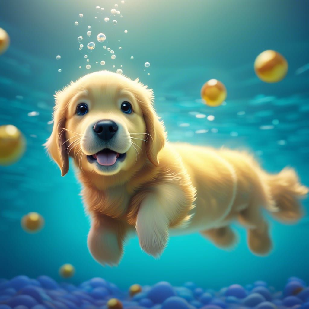 Golden Retriever Puppy Swimming: 3D Digital Art