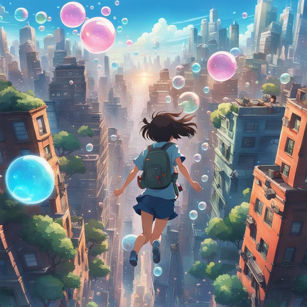 Neon Girl Jumps Over Bubble Buildings in Anime Style