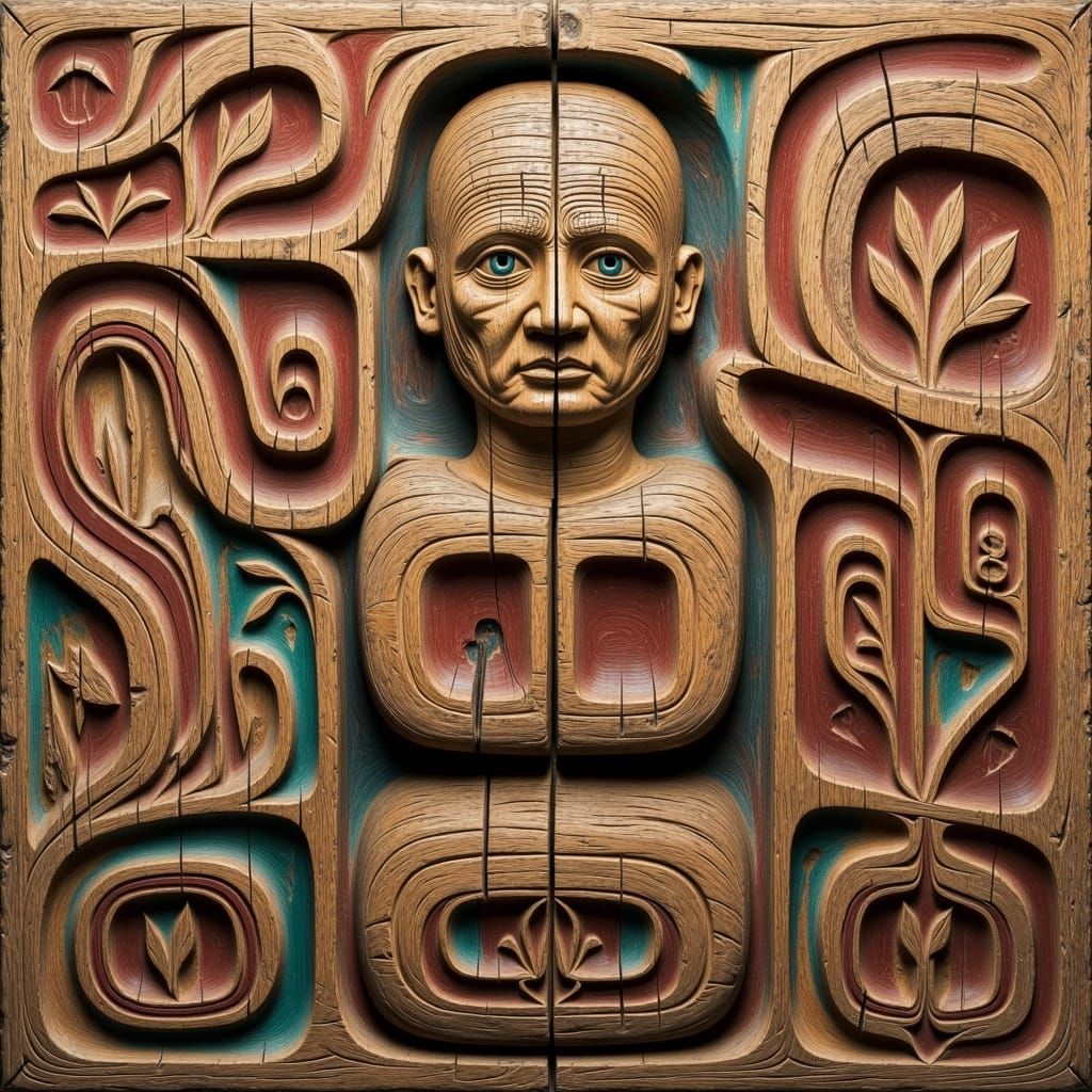  <lora:PacificNW FL:1.0> "BRB, gotta update my MySpace." weathered wood carving