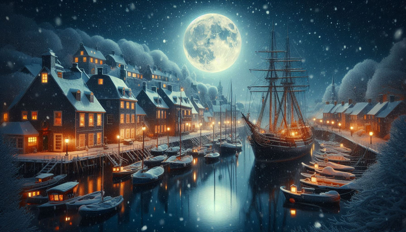 The frozen harbour at midnight