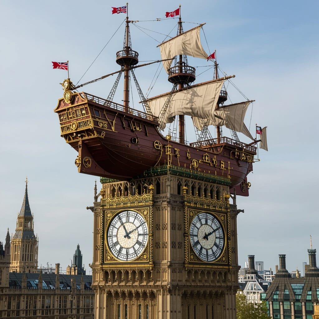 A bustling Victorian-era large steampunk sailing ship stuck on top of Big Ben.  by @beth 