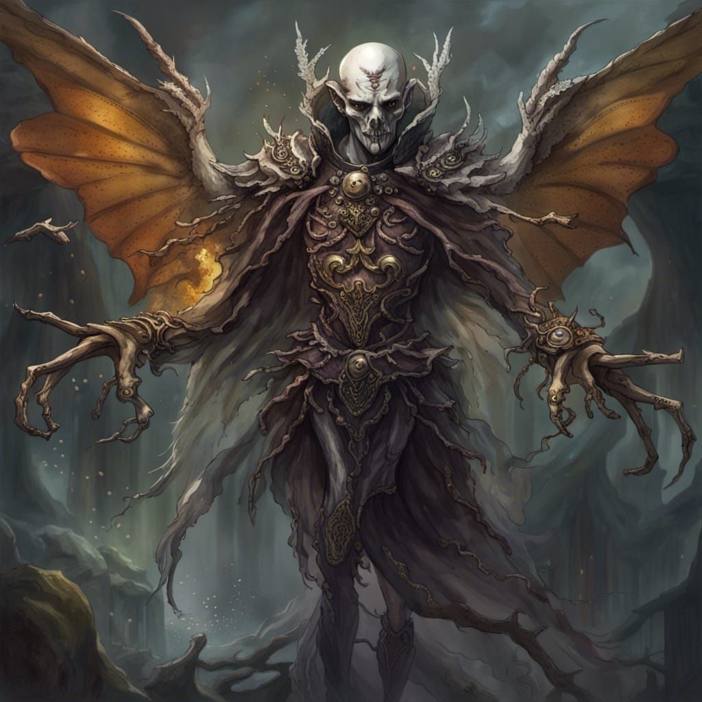 Elf lich with bone wings, dark eye sockets without eyes, skin falling ...