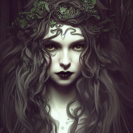 Elf with wavy hair and gothic clothing. Dark forest. Beautiful. Intricately detailed undefined