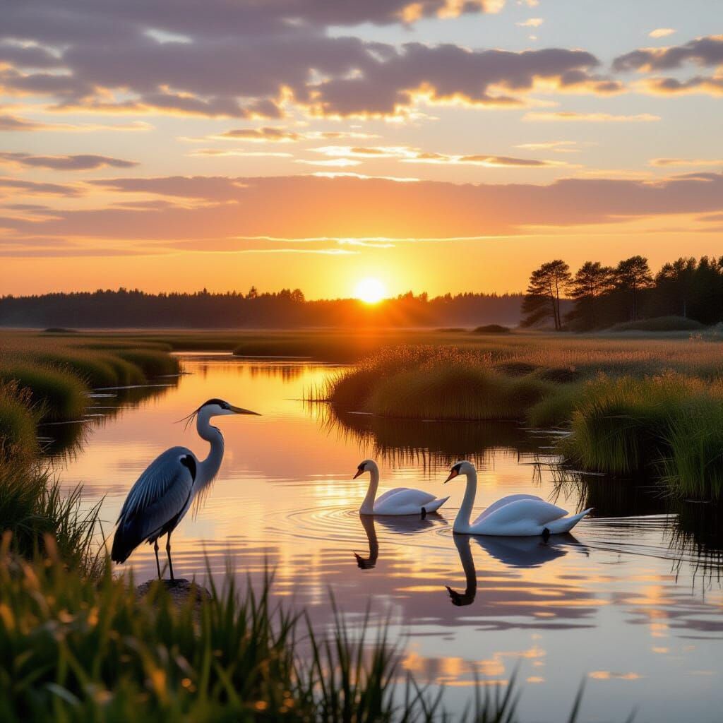 Marshland sunrise, with a grey heron and a pair of swans, in Sweden.  by @Max Strandberg