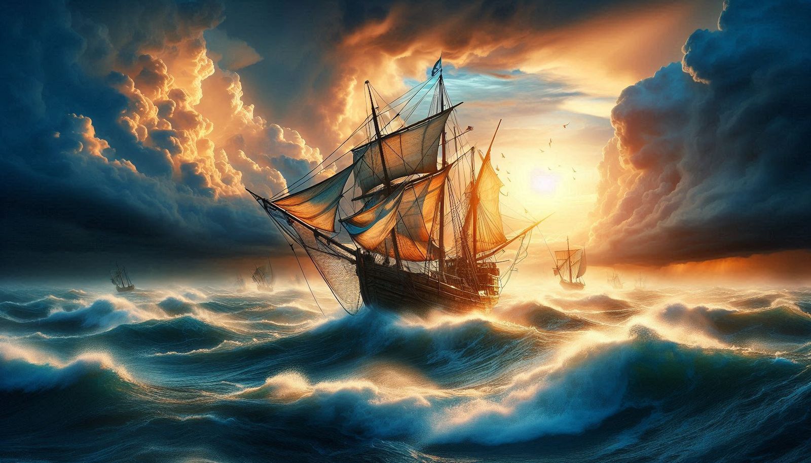 Sailing ship with fishing nets on rough sea during sunset