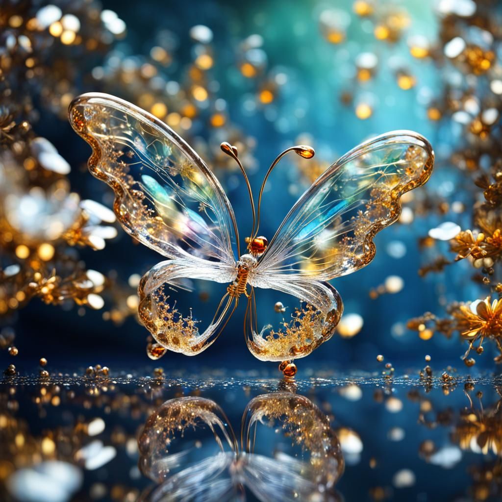 Crystal Butterfly on Glass Flower: Fantasy Art