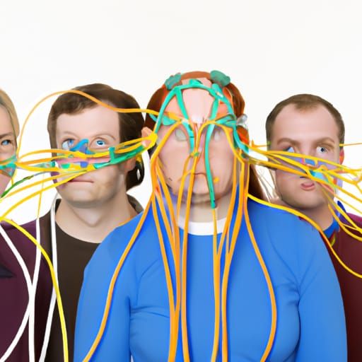 group of adults with computer wires in there faces