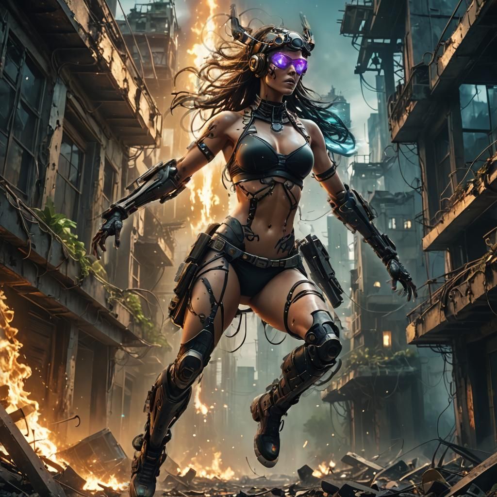 Cyborg girl runs through city ruins, Selective Edit fixed, c...
