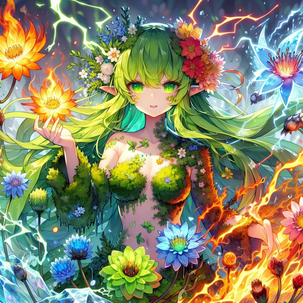 Anime druid dryad elementalist girl with long lime green hair and bright green eyes with her body covered ...  by @louwhodoodle 