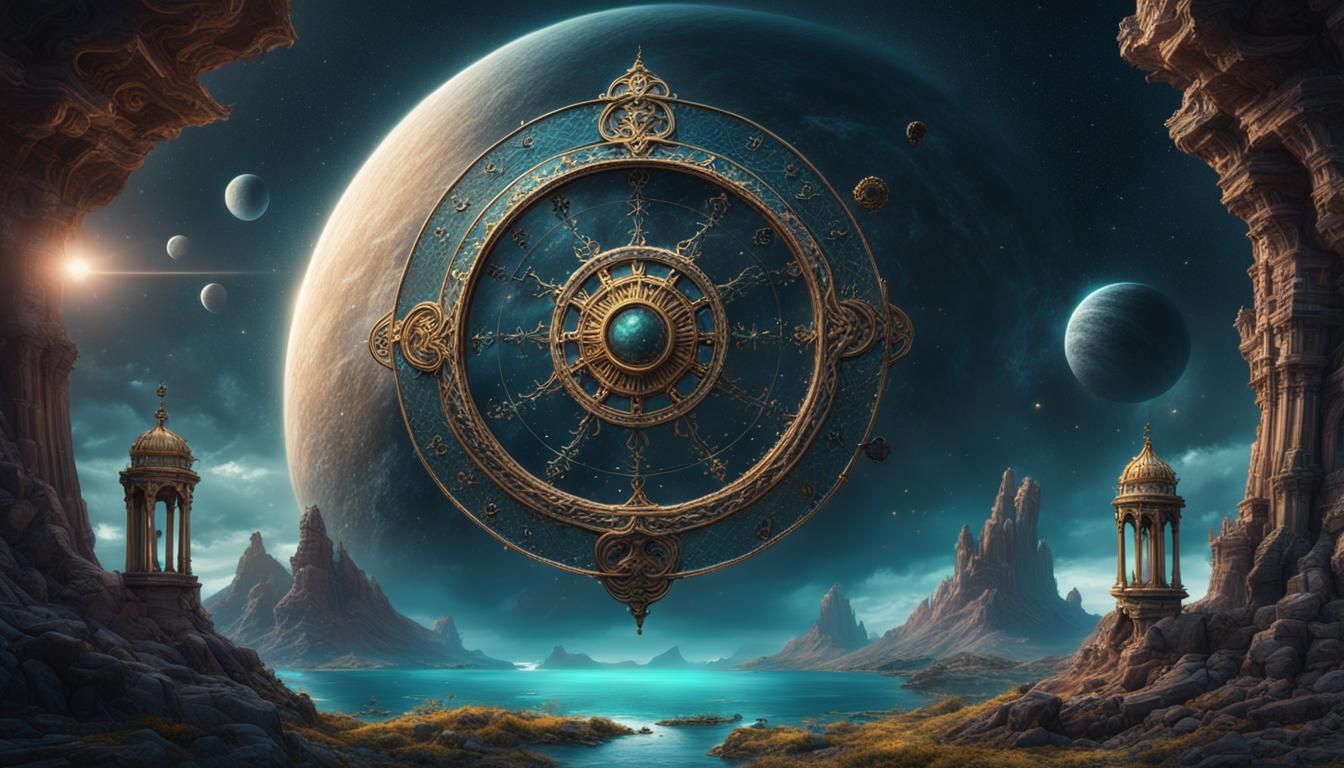 Aquarius Zodiac Wheel Under New Moon, Detailed Art