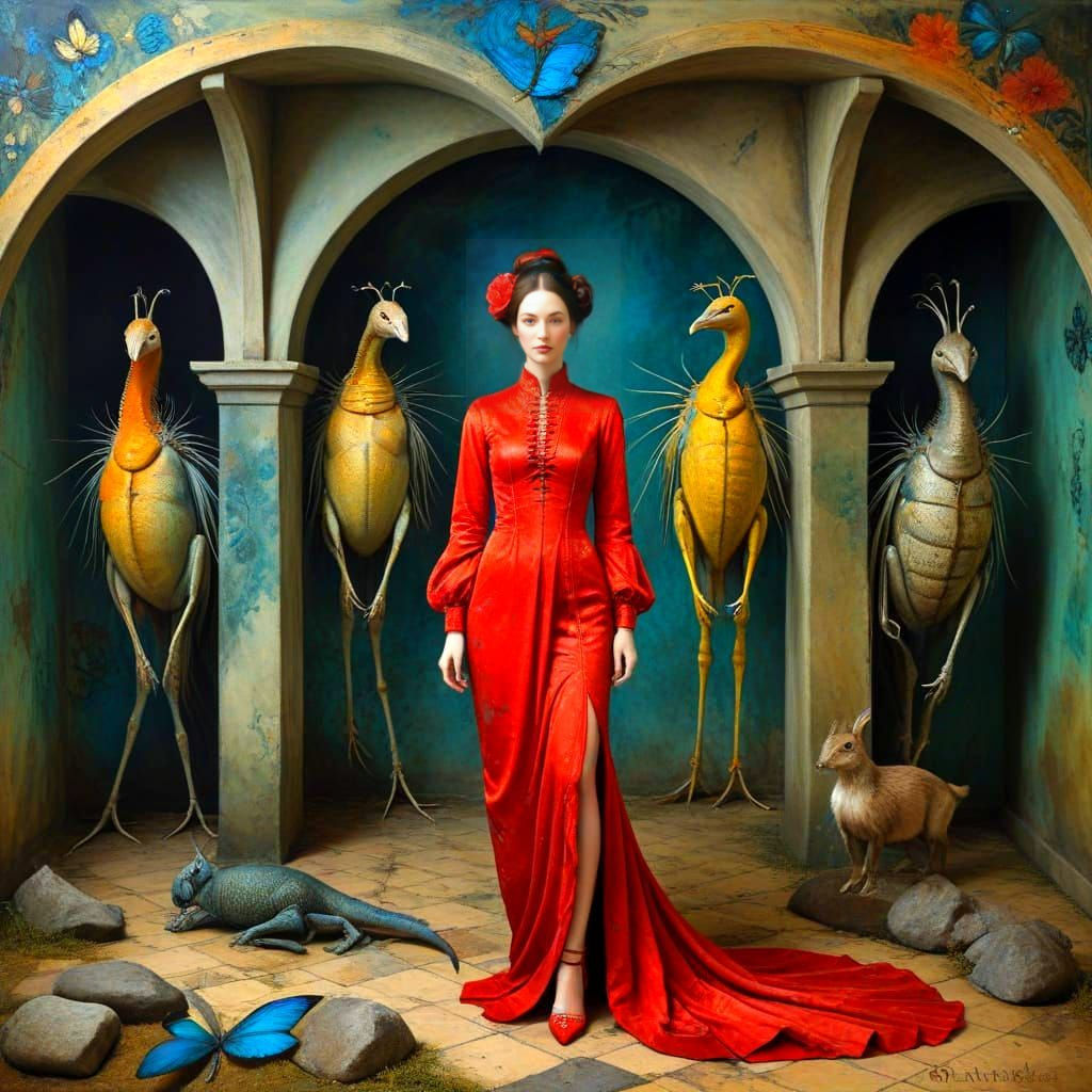 Whimsical Lady in Fantastical Landscape