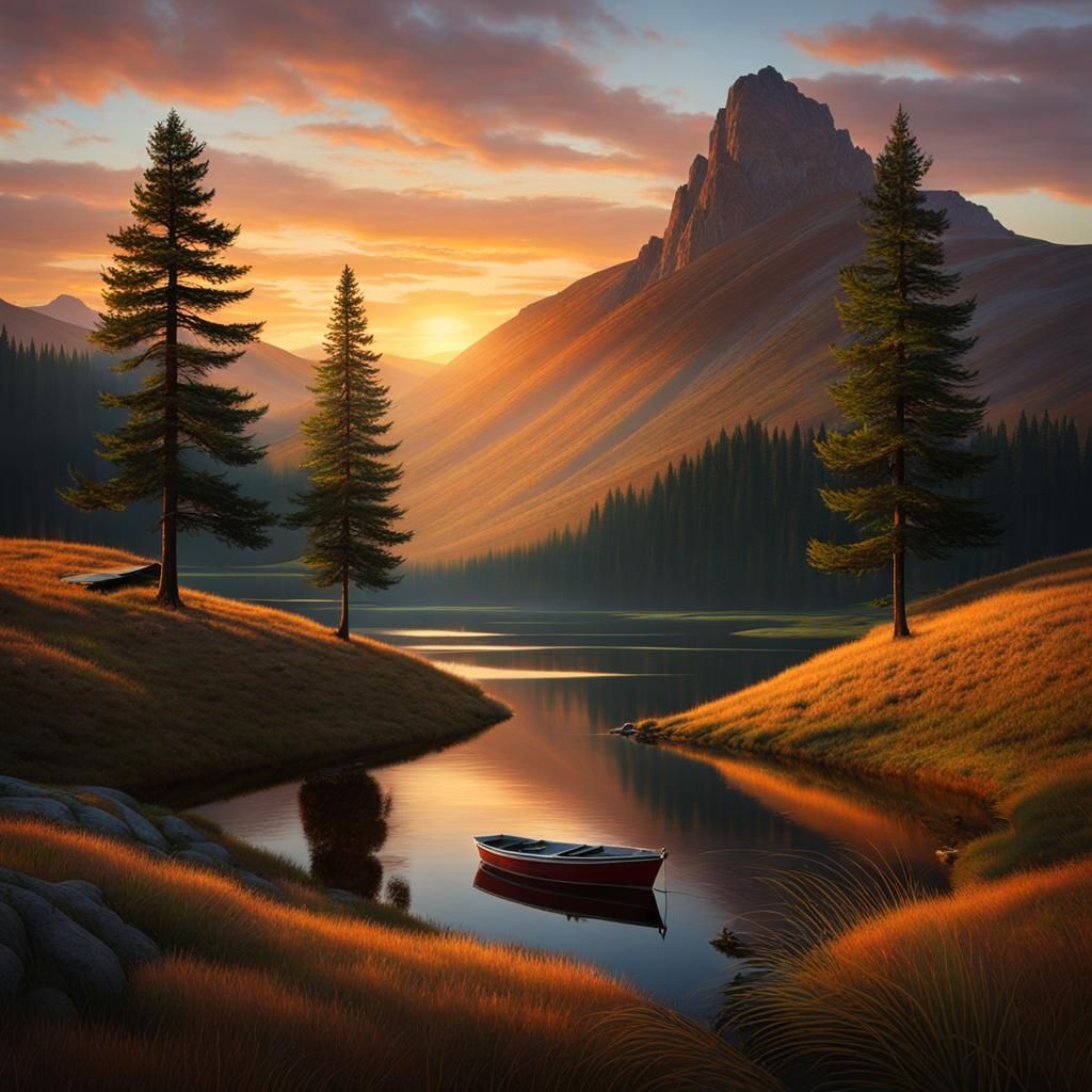landscape, sunset, 3 fir trees, low hills, lake, boat, grass...