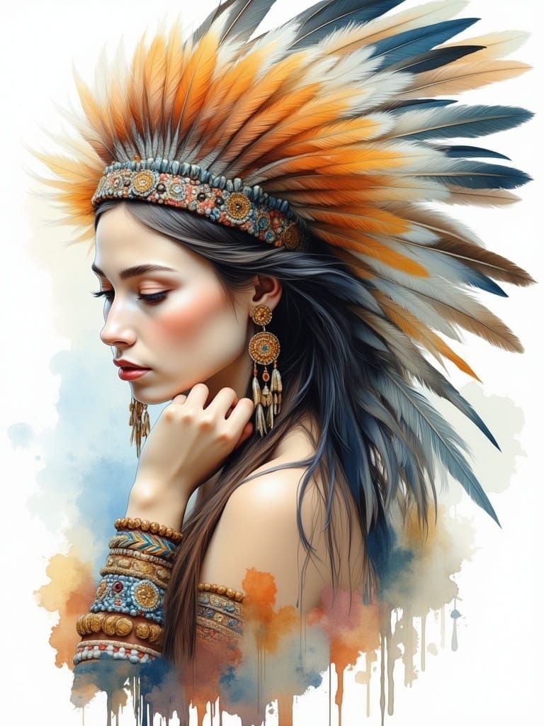 <lora:Double Detailer v2:1.0> A beautiful native-american woman with a feather headdress, ornaments, feathers, watercolor smudges, watercolo...