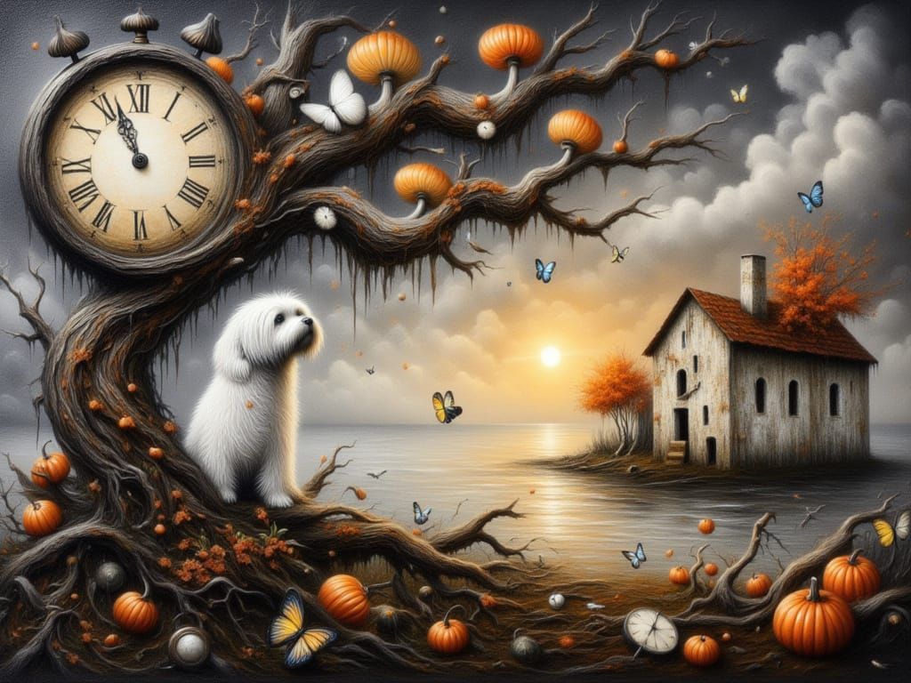 <lora:FiosTimeWarp:1.0> melting clocks, crooked tree, adorably cute scruffy white Terrier style dog, butterflies, pumpkins, whimsical mushr...
