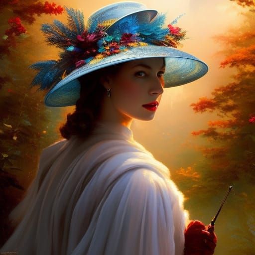 Queen Elizabeth with big hat ; head and shoulders portrait, 8k