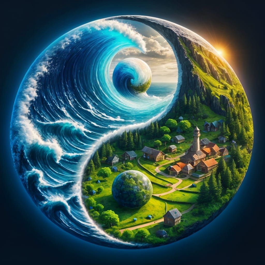 Yin Yang Symbol: Ocean Meets Land in Hyper-Realistic Art
