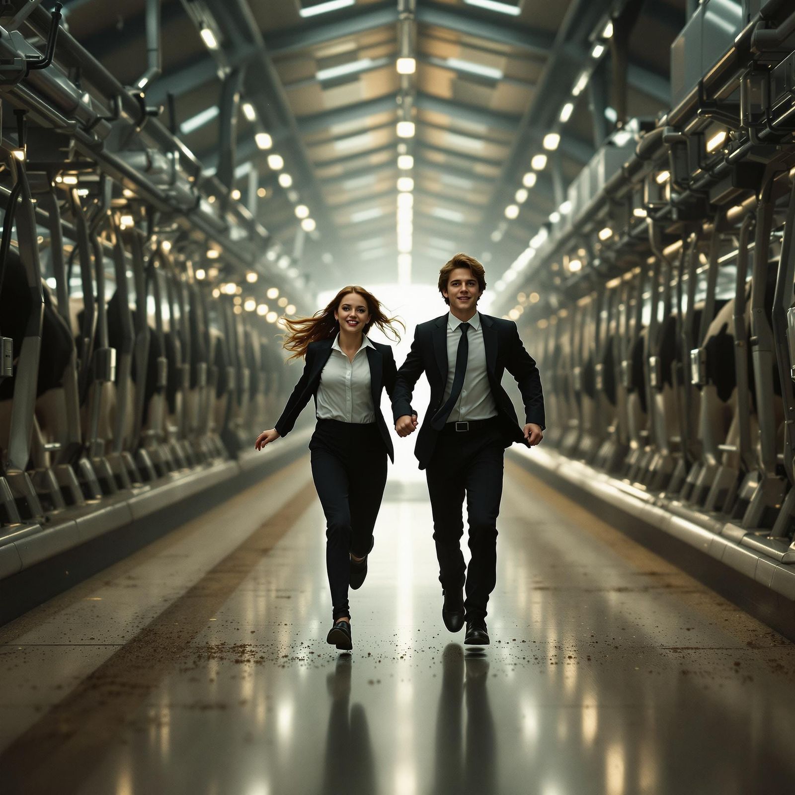 Teenagers Run in a Futuristic Cowshed, Inspired by Cinematic...