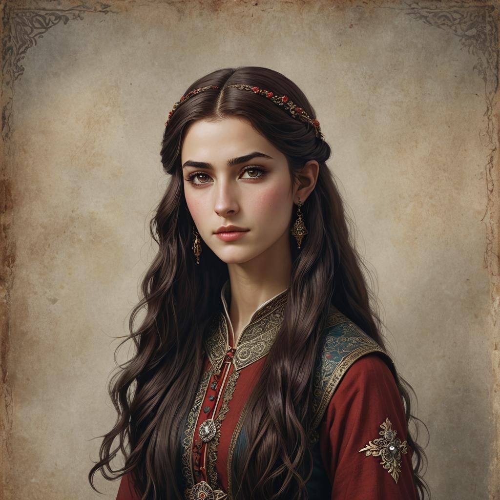 a 15-year-old young girl with long, very dark red  hair,  re...