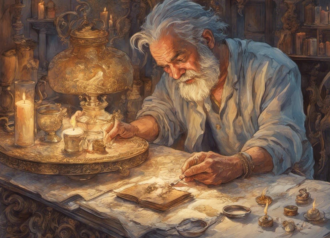 An ancient male jeweler carving a golden perfect finger-ring, at night, on beautiful table, old candles burning, perfect...