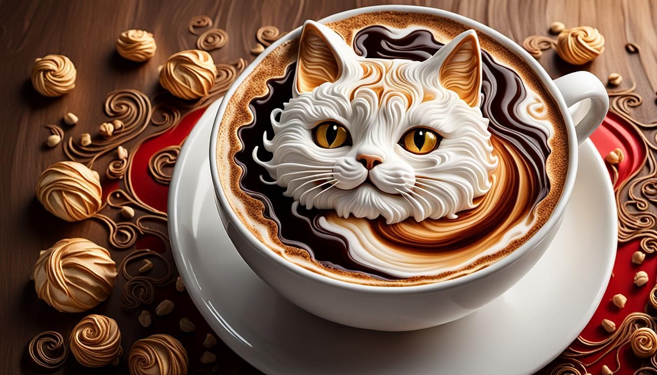 Coffee Art: Cat-Shaped Cream in Hyperrealistic Style