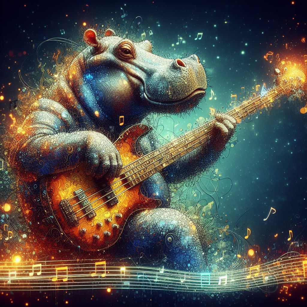 Hippo playing a Bass Guitar