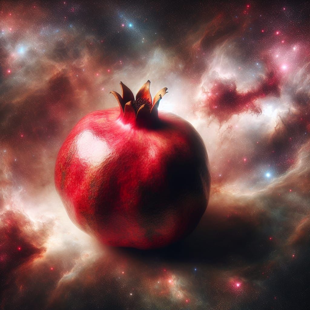 A pomegranate floating in the void of space. There are visib...