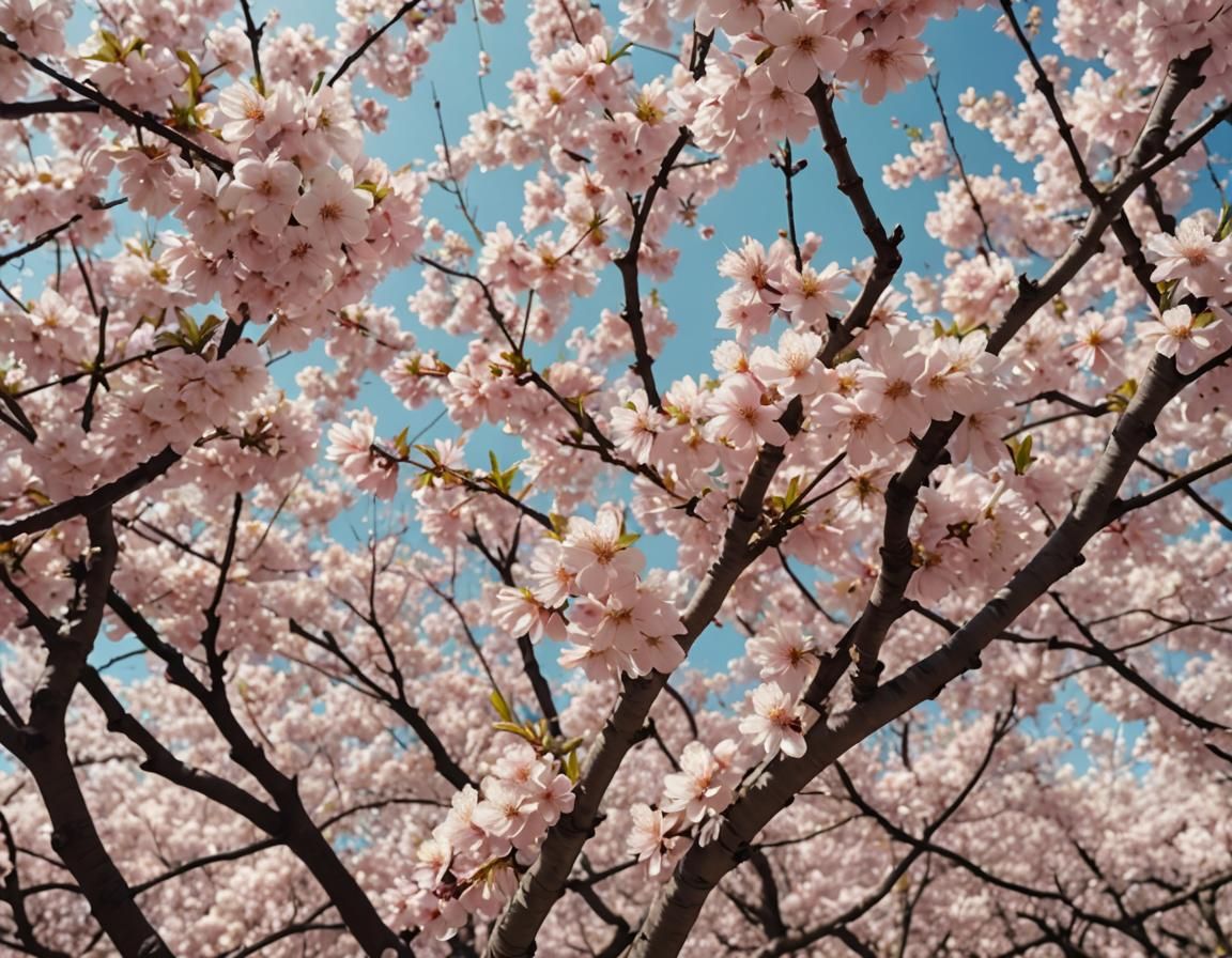 A sea of pink and white cherry blossoms in full bloom, with soft petals
