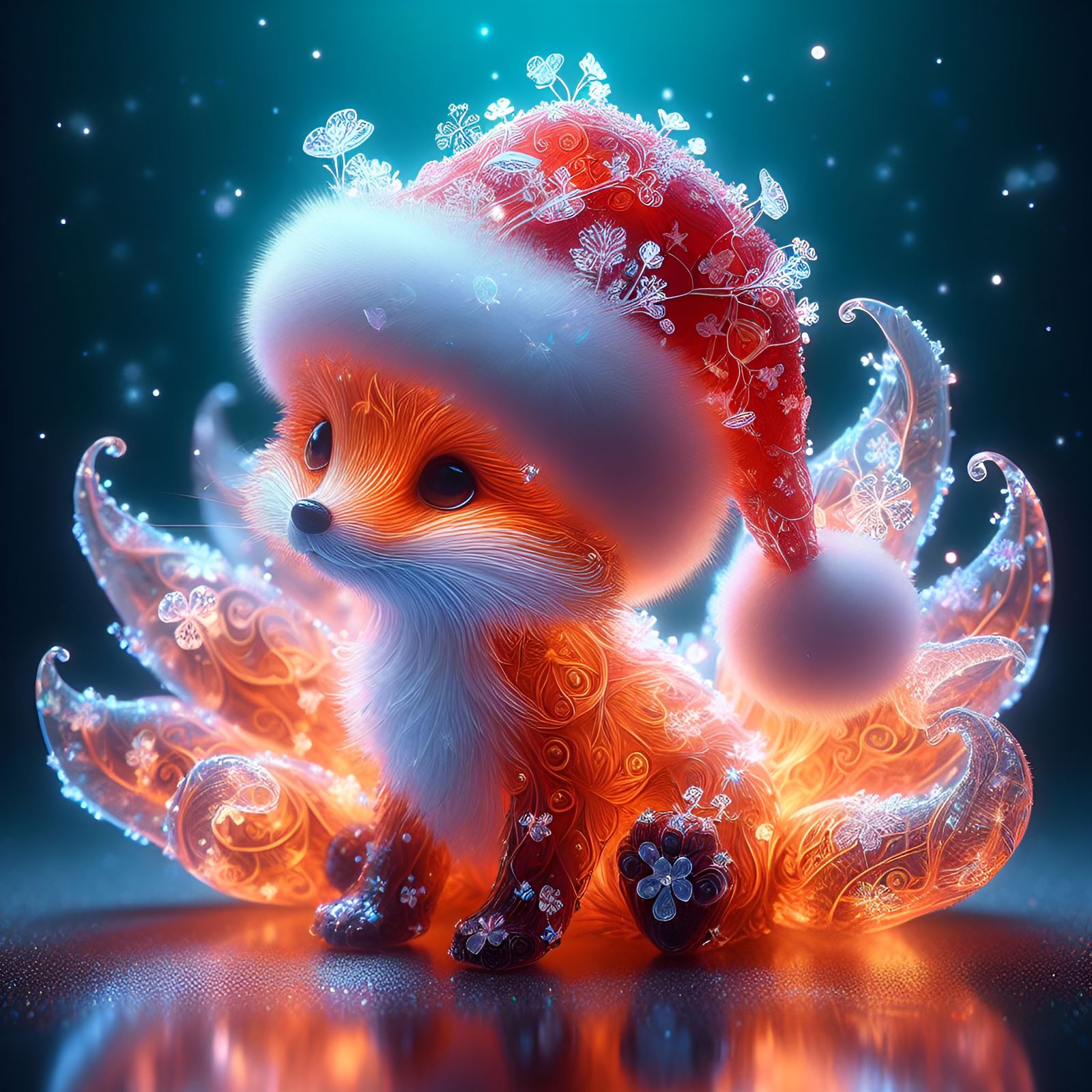 another crystal fox but it's wearing a christmas hat