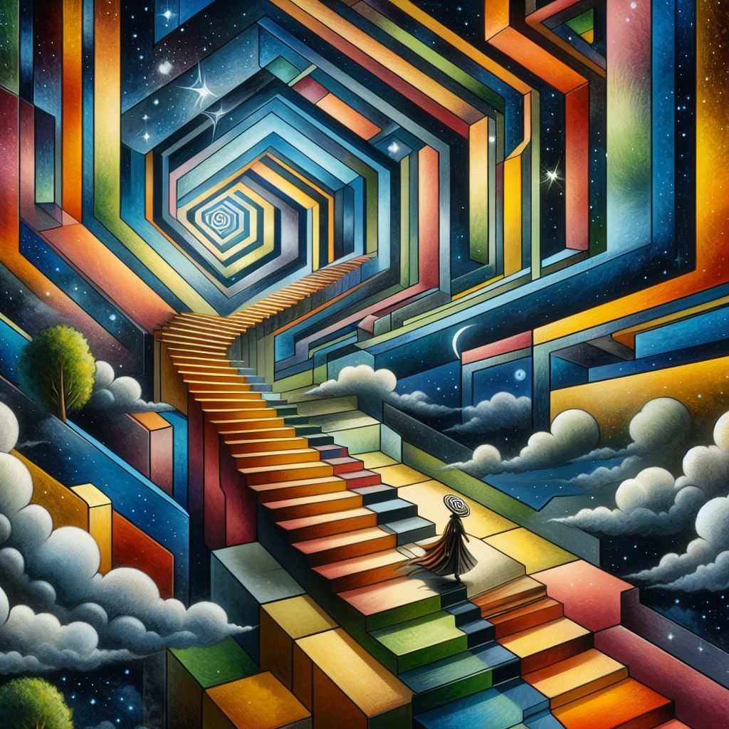 a labyrinthine staircase that climbs towards infinity