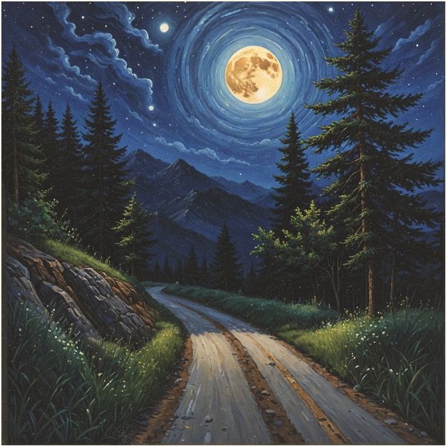 a pathway at night in the mountains, trees on one side, glowing in the moonlight, the moon is shining brightly