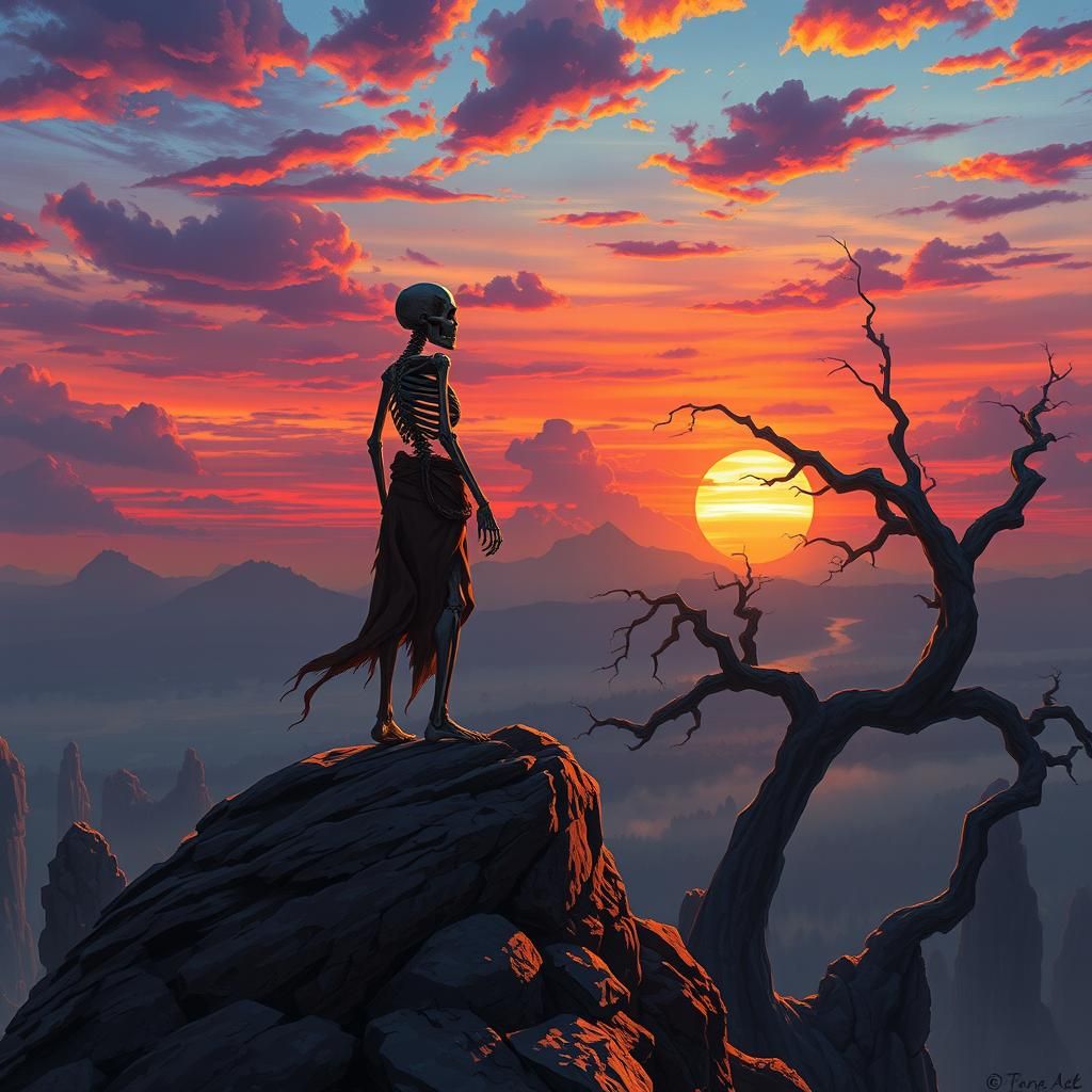 Lone Skeleton Gazes at Sunset Vista in Fantasy Art