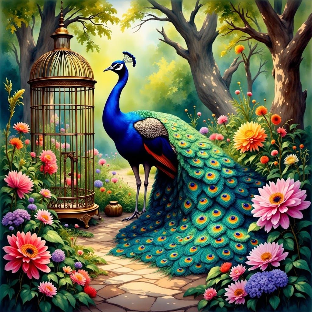  <lora:Impressionnism:1.0> peacock showing its tail near a large bird cage in the middle of the garden 