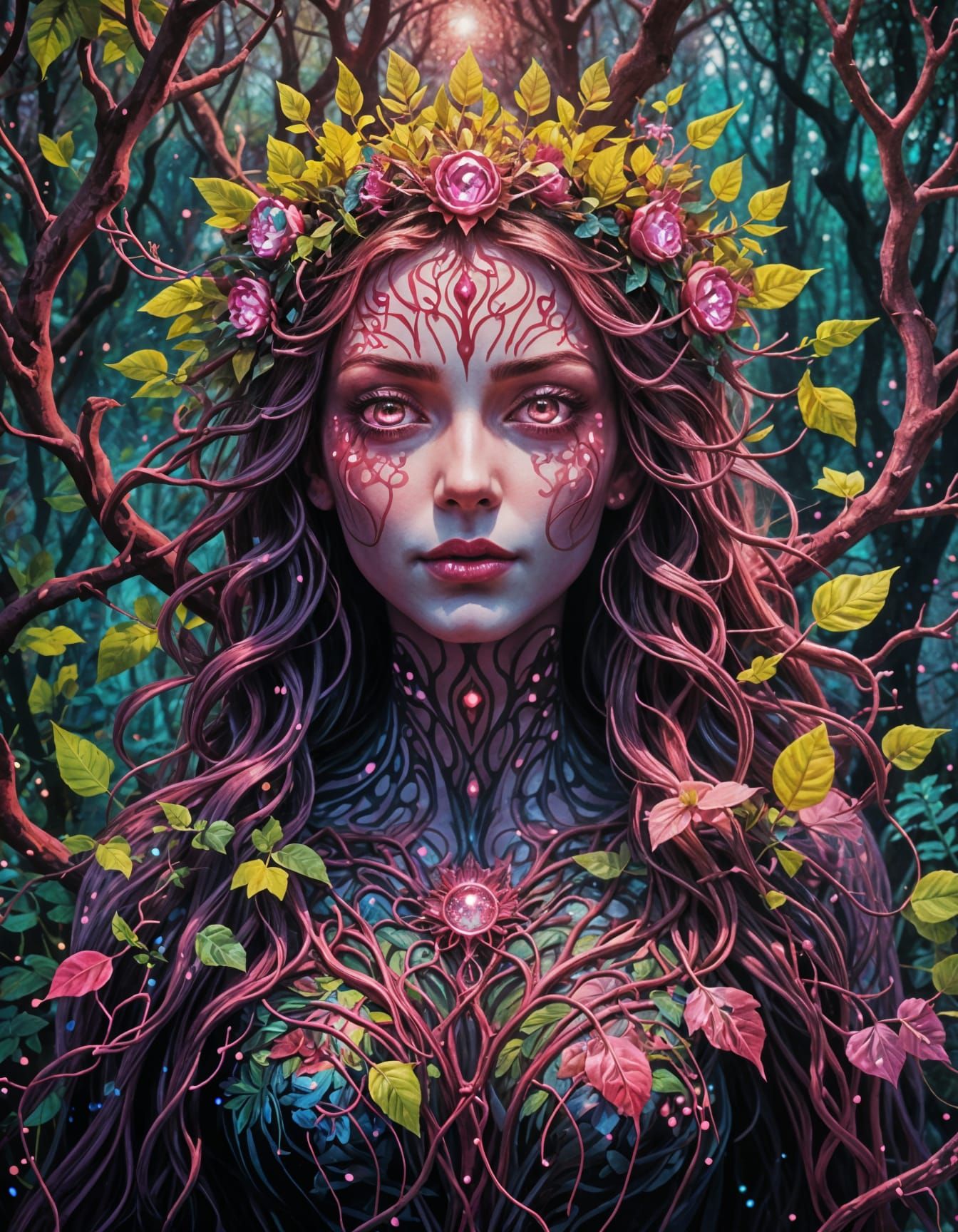 Mystical Forest Deity Portrait with Luminescent Vines
