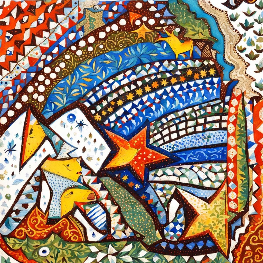 a extremely fine detail painting, the is a man-in-the-star crescent at the far left and then a vibrant pattern hides an ...