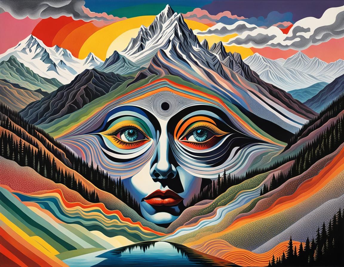 WOMAN WITH EYES ON  mountainscape  GOTHIC ILLUSTRATION REFLECTIONS PAINTERNLY fantastical, prismatic colors Frank Stella...