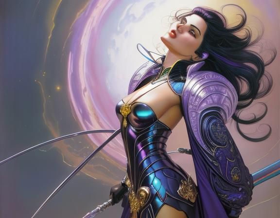 full body shot of a female paladin protagonist of an alien w...