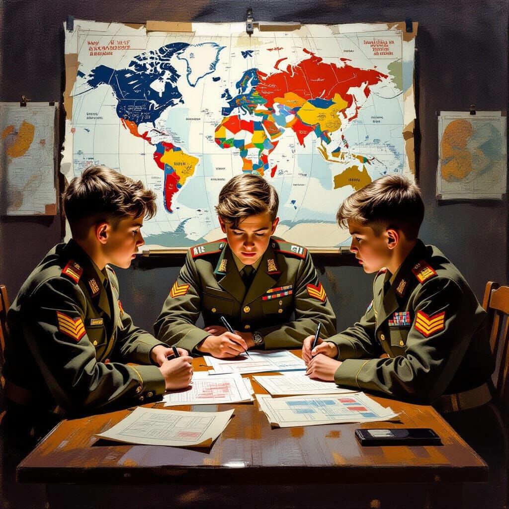 Children Debate War Strategy in Military Room Oil Painting