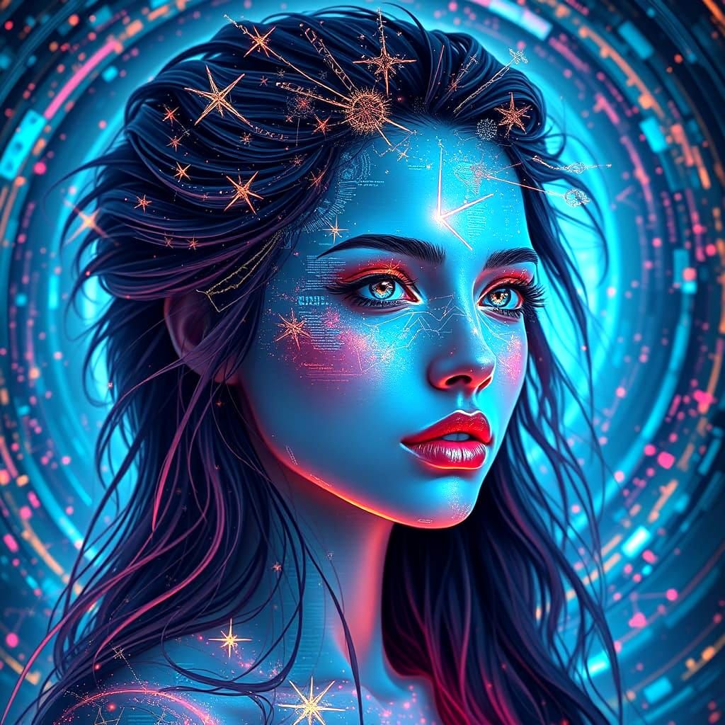  A portrait of a bioluminescent woman, her face distorted by digital glitches and chromatic aberrations. Her mane of starlight is fragmented...