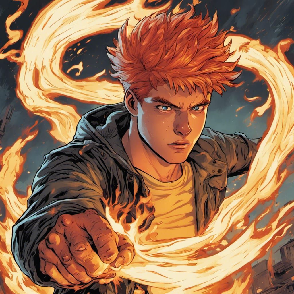 a cartoon of a teenage boy with flaming hair, ignition sparks. Fire in ...