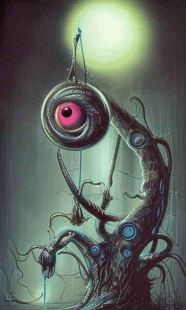 Eyeball balloon, on a string, held by a monster; bioluminesc...