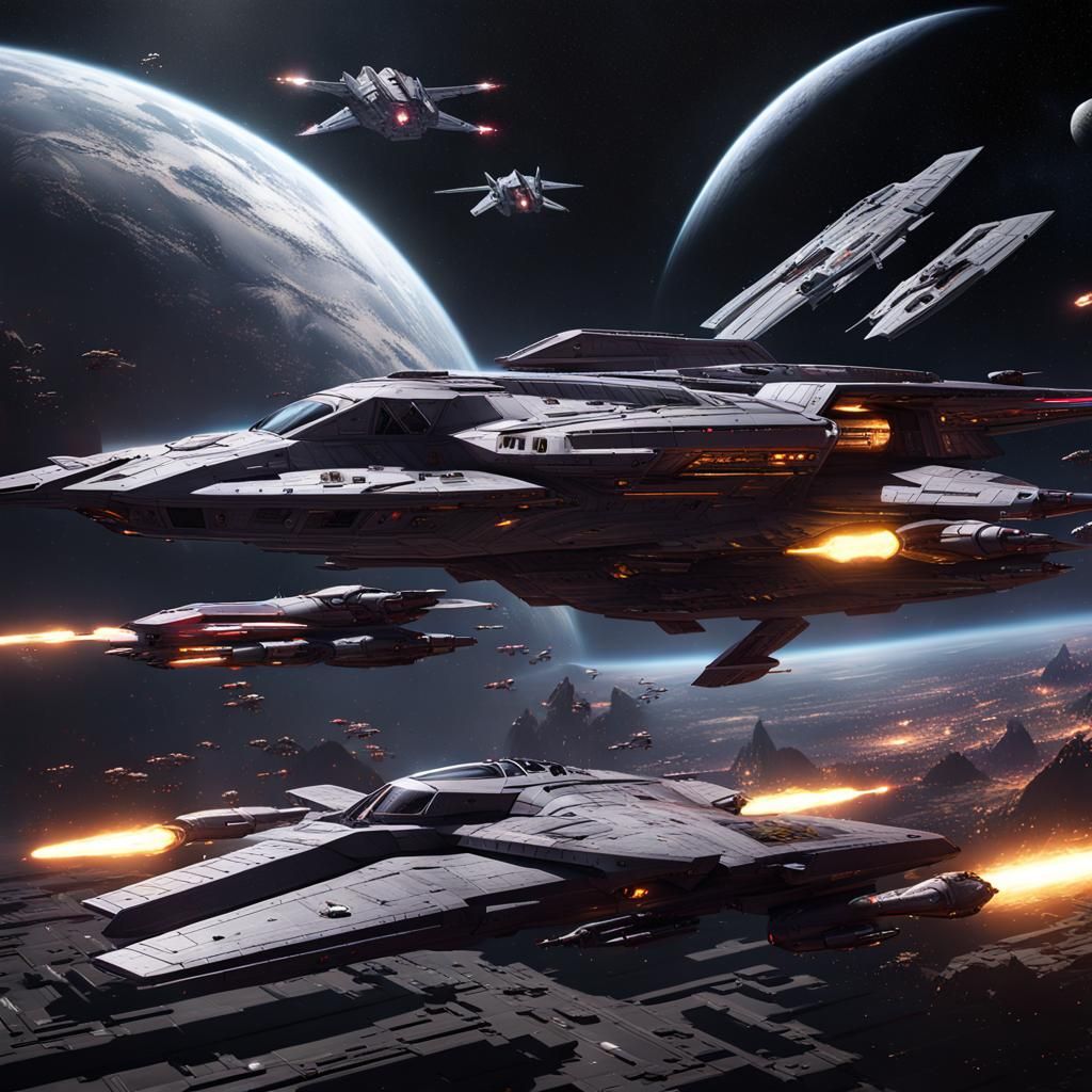 Battlestar Galactica in space surrounded by viper fighters and Cylon ...