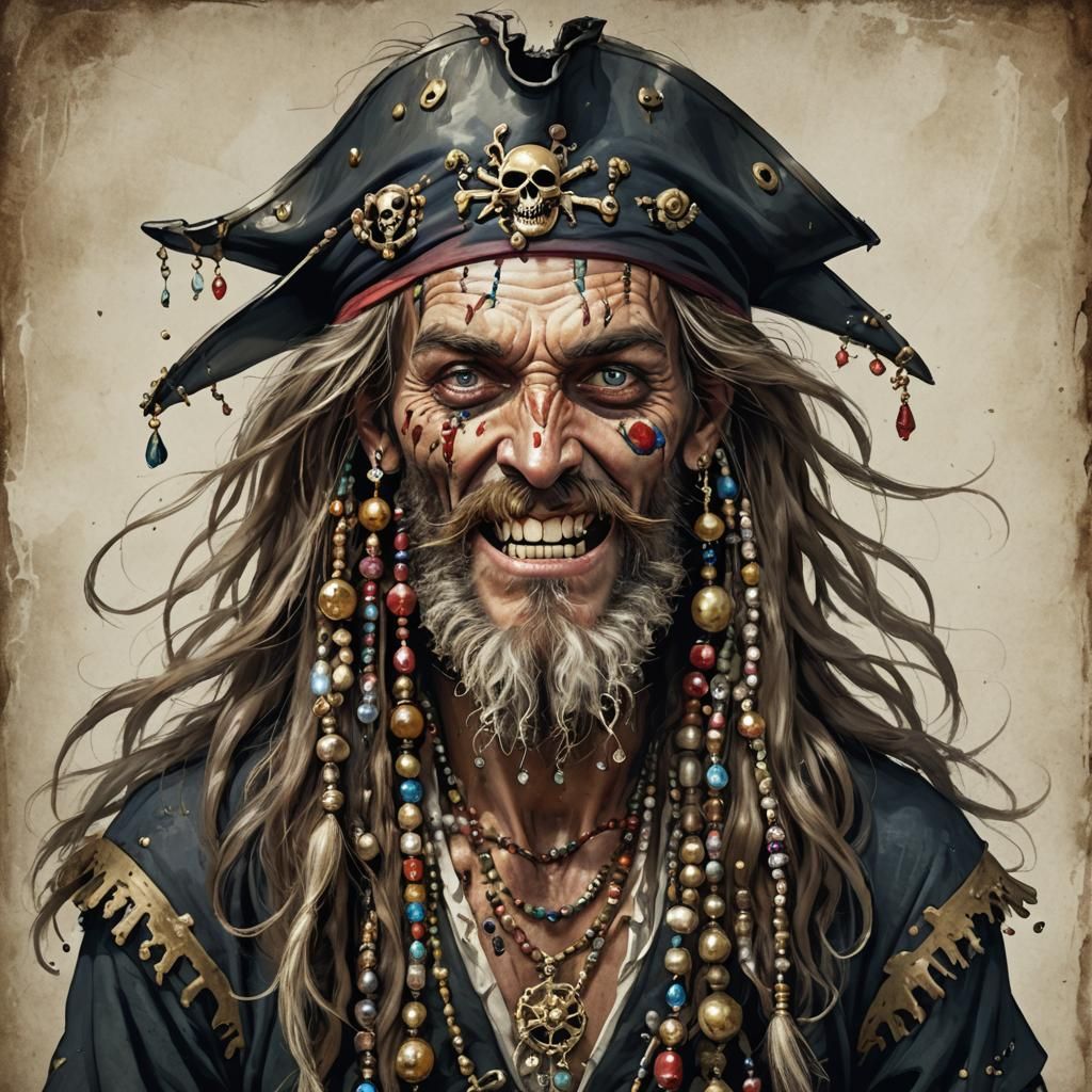 Skinny pirate with broken teeth. Long hair with gems and jew...