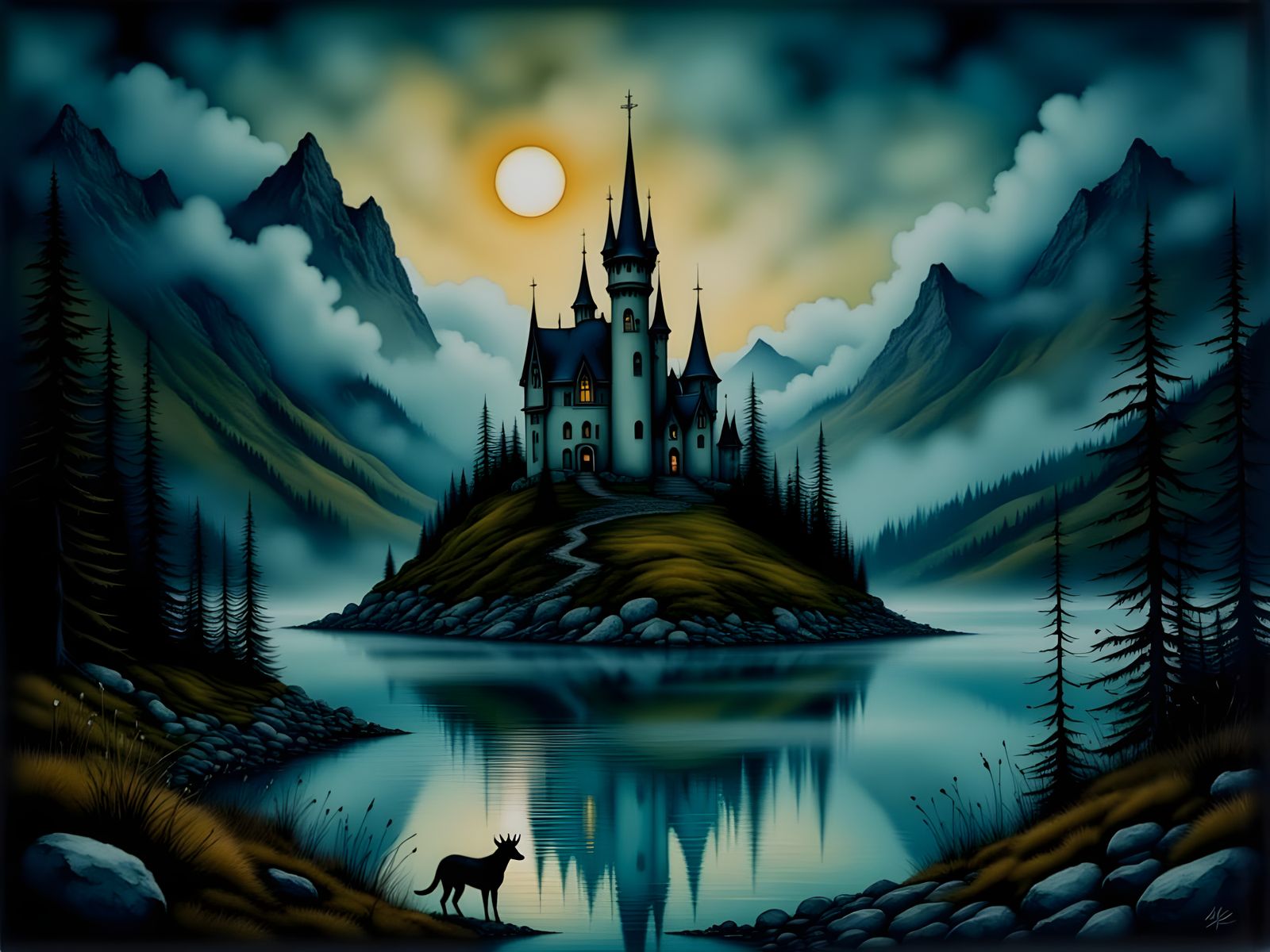 A castle in the mist on a lake under full golden moon    by @Bob Z