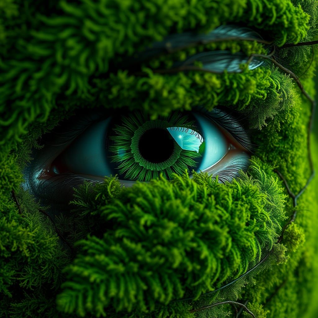 macro photography. Dark green moss forming the iris. human eyes. Smooth dark moss skin made of smooth ...  by @Kellys AI Kreations